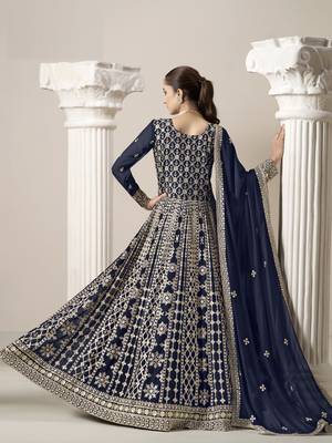 Navy blue embroidered faux georgette semi stitched anarkali suit 3