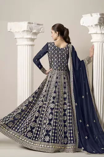 Navy blue embroidered faux georgette semi stitched anarkali suit