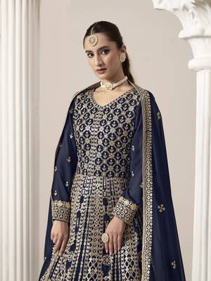 Navy blue embroidered faux georgette semi stitched anarkali suit 4
