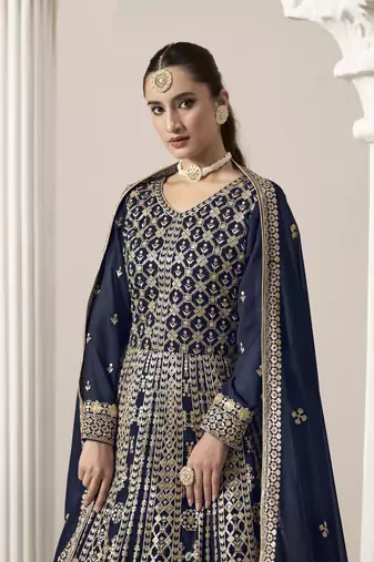 Navy blue embroidered faux georgette semi stitched anarkali suit