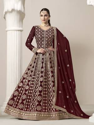 Maroon embroidered faux georgette semi stitched anarkali suit 1