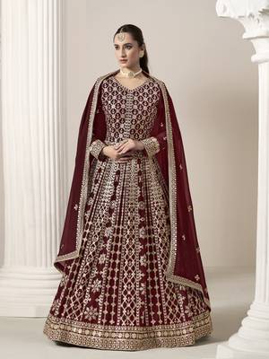Maroon embroidered faux georgette semi stitched anarkali suit 2
