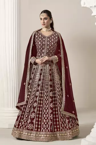 Maroon embroidered faux georgette semi stitched anarkali suit