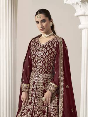 Maroon embroidered faux georgette semi stitched anarkali suit 4