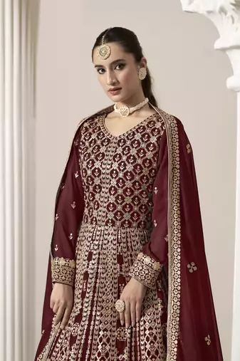 Maroon embroidered faux georgette semi stitched anarkali suit