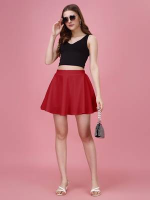 Red Plain Solid Nylon Soft Mini Skirt for Women 4
