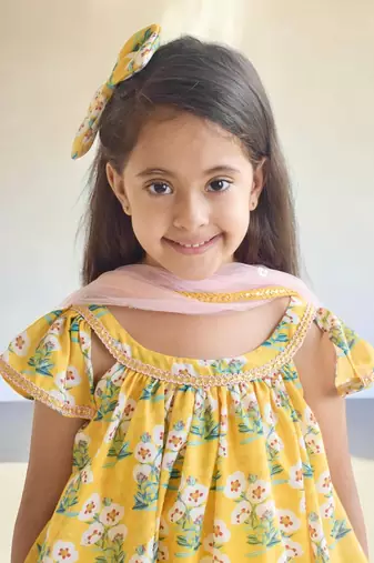 Yellow printed kurti with dhoti