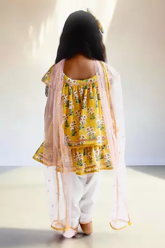 Yellow printed kurti with dhoti