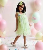 Green flower embroidered net dress