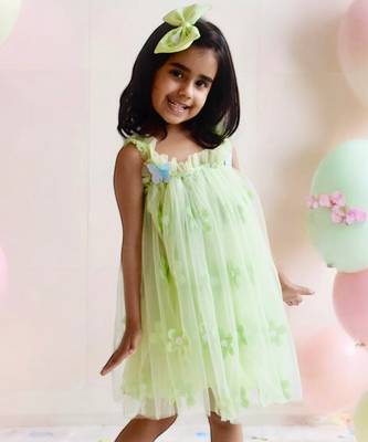 Green flower embroidered net dress 2