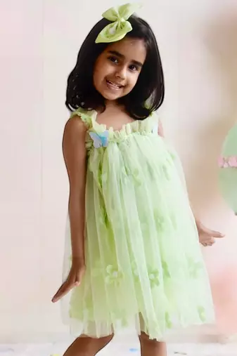 Green flower embroidered net dress