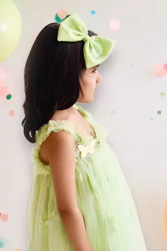 Green flower embroidered net dress