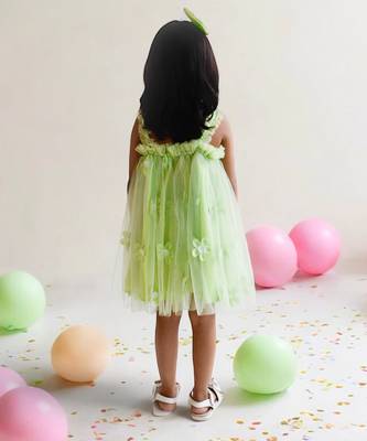 Green flower embroidered net dress 4