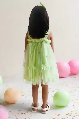 Green flower embroidered net dress