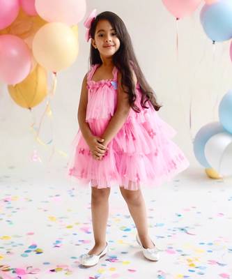 Pink flower embroidered net dress 1