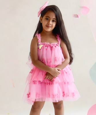 Pink flower embroidered net dress 2