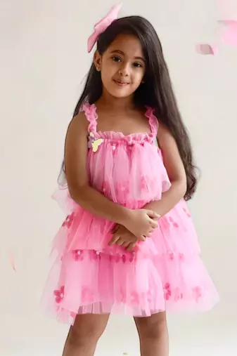 Pink flower embroidered net dress