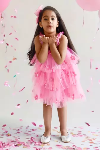 Pink flower embroidered net dress