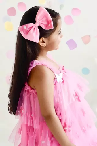Pink flower embroidered net dress