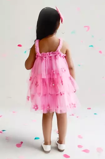 Pink flower embroidered net dress