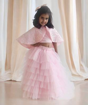 Pink crop top skirt with cape 1