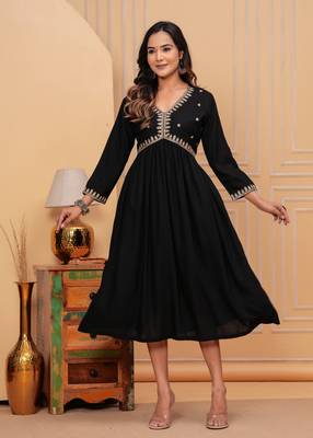 Women's rayon solid zari work sequence embroidered flared ethnic indian gown 1