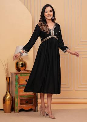 Women's rayon solid zari work sequence embroidered flared ethnic indian gown 2