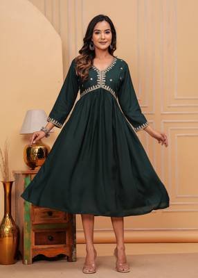 Women's rayon solid zari work sequence embroidered flared ethnic indian gown 1