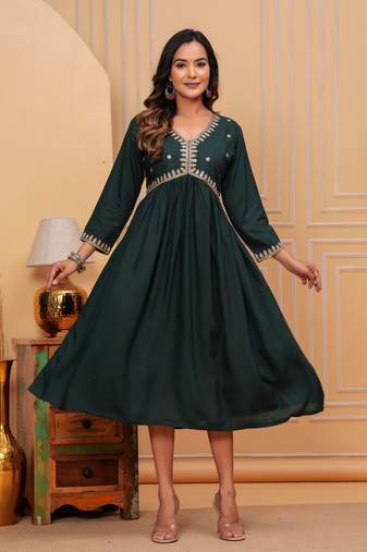 Women's rayon solid zari work sequence embroidered flared ethnic indian gown
