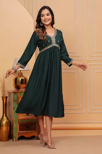 Women's rayon solid zari work sequence embroidered flared ethnic indian gown