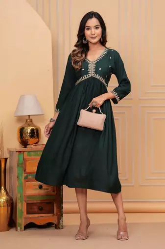 Women's rayon solid zari work sequence embroidered flared ethnic indian gown