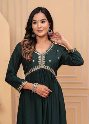Women's rayon solid zari work sequence embroidered flared ethnic indian gown 4