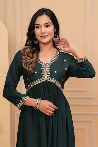 Women's rayon solid zari work sequence embroidered flared ethnic indian gown