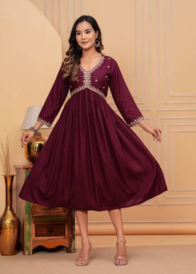 Women's rayon solid zari work sequence embroidered flared ethnic indian gown 1