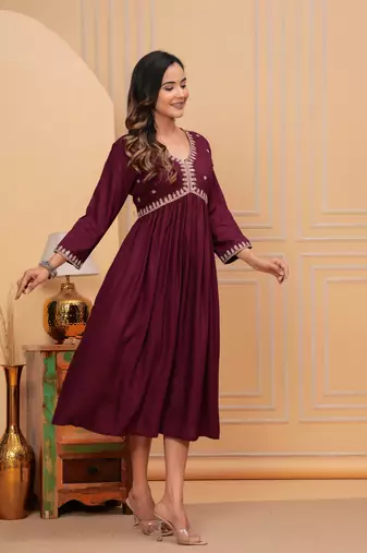 Women's rayon solid zari work sequence embroidered flared ethnic indian gown
