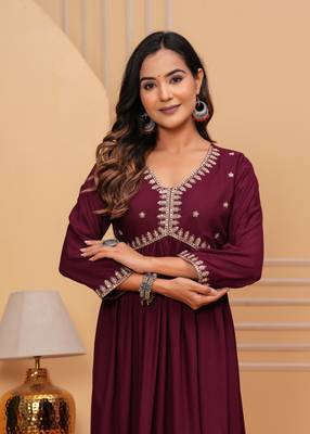 Women's rayon solid zari work sequence embroidered flared ethnic indian gown 4