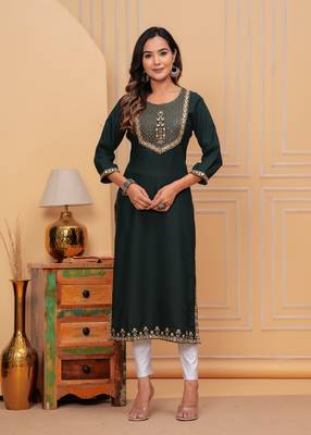Rayon sequence embroidered solid a-line designer ethnic wear & festive wear kurti for womens & girls 1