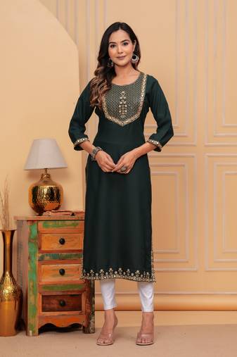 Rayon sequence embroidered solid a-line designer ethnic wear & festive wear kurti for womens & girls