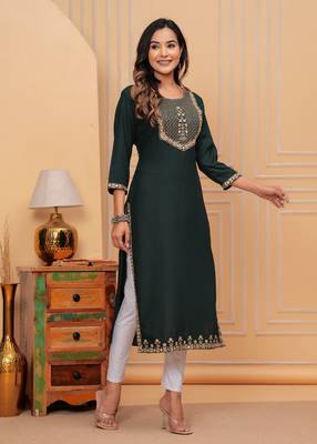 Rayon sequence embroidered solid a-line designer ethnic wear & festive wear kurti for womens & girls 3