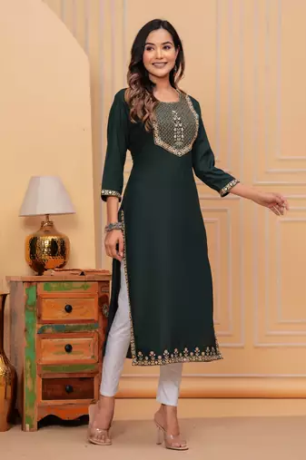 Rayon sequence embroidered solid a-line designer ethnic wear & festive wear kurti for womens & girls