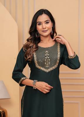Rayon sequence embroidered solid a-line designer ethnic wear & festive wear kurti for womens & girls 4