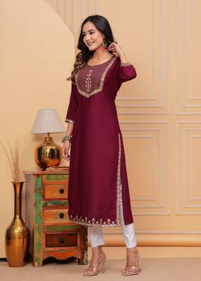 Rayon sequence embroidered solid a-line designer ethnic wear & festive wear kurti for womens & girls 2