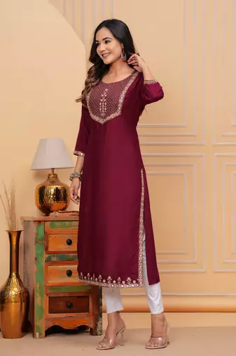 Rayon sequence embroidered solid a-line designer ethnic wear & festive wear kurti for womens & girls