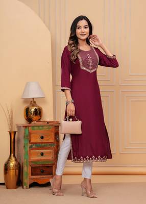 Rayon sequence embroidered solid a-line designer ethnic wear & festive wear kurti for womens & girls 3