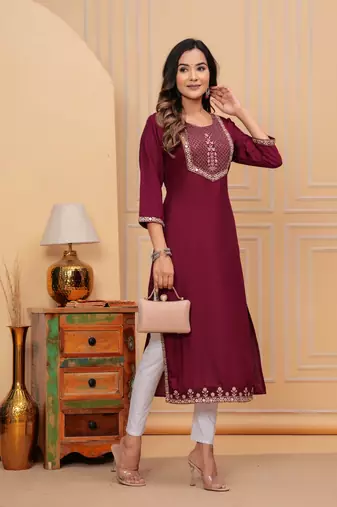 Rayon sequence embroidered solid a-line designer ethnic wear & festive wear kurti for womens & girls