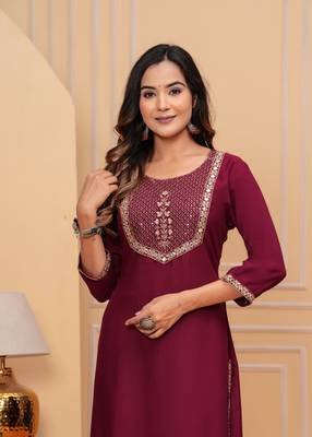 Rayon sequence embroidered solid a-line designer ethnic wear & festive wear kurti for womens & girls 4