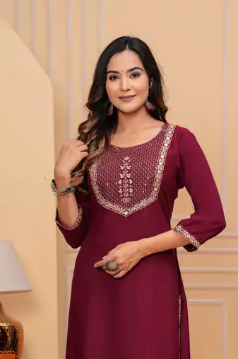 Rayon sequence embroidered solid a-line designer ethnic wear & festive wear kurti for womens & girls