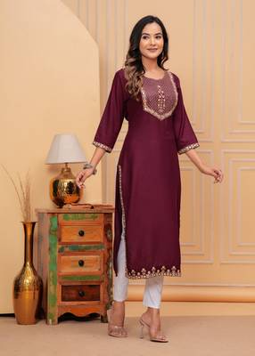 Rayon sequence embroidered solid a-line Kurta set 2