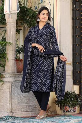 Blue  cotton  hand   work straight  kurti pant dupatta set 1