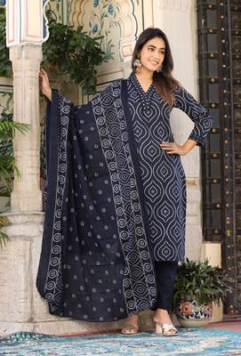 Blue  cotton  hand   work straight  kurti pant dupatta set 3